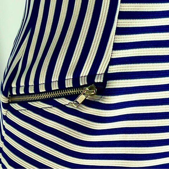 đť…şMONTEAU sheath dress sleeveless navy blue and white horizontal striped size M - Picture 6 of 13